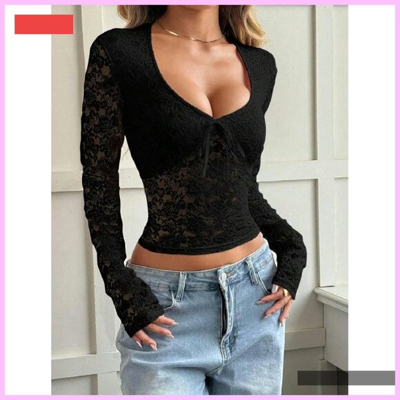 Long Sleeve Lace V-Neck Mesh Crop Top Y2K Fall Trendy - Picture 3 of 4